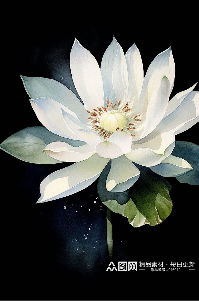 AI数字艺术创意白色水彩风荷花花卉插画素材