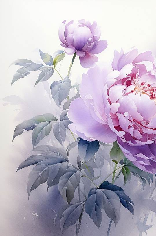 AI数字艺术手绘紫色水彩风牡丹花卉插画
