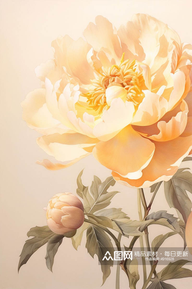 AI数字艺术手绘黄色水彩风牡丹花卉插画素材