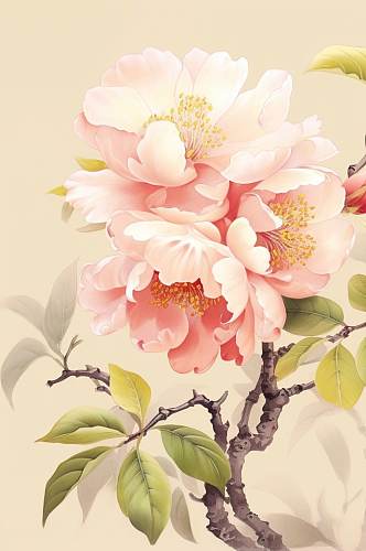 AI数字艺术手绘粉色水彩风牡丹花卉插画