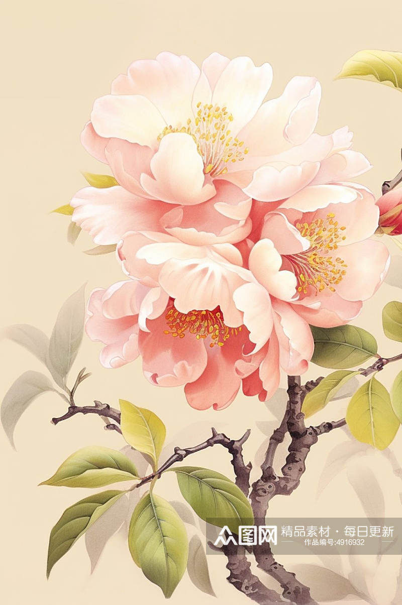 AI数字艺术手绘粉色水彩风牡丹花卉插画素材
