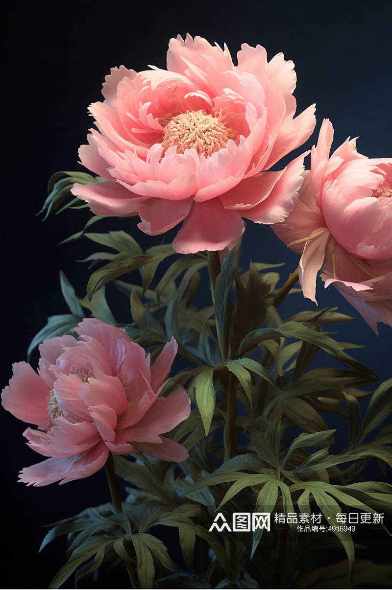 AI数字艺术手绘粉色水彩风牡丹花卉插画素材
