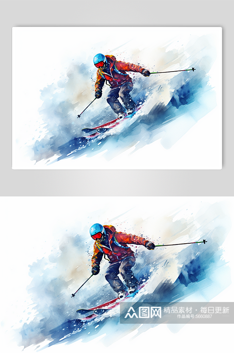 AI数字艺术水彩剪影风冬季运动会滑雪元素素材
