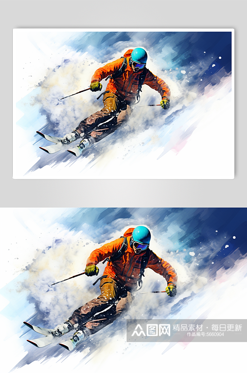 AI数字艺术水彩剪影风冬季运动会滑雪元素素材