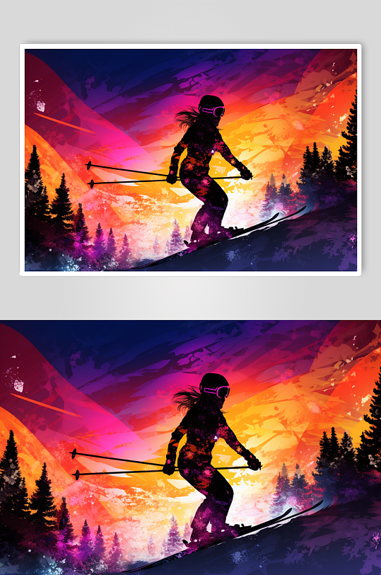 AI数字艺术水彩剪影风冬季运动会滑雪元素