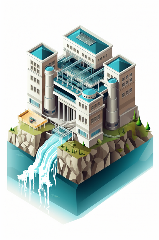 AI数字艺术水电站水力发电站工厂场景插画