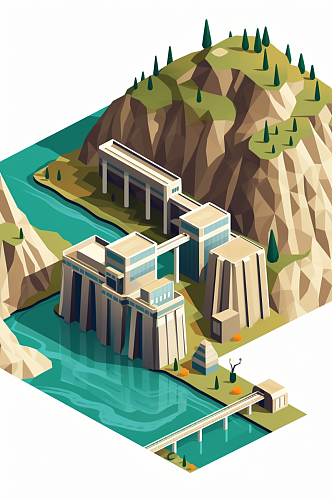 AI数字艺术水电站水力发电站工厂场景插画