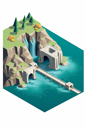 AI数字艺术水电站水力发电站工业场景插画