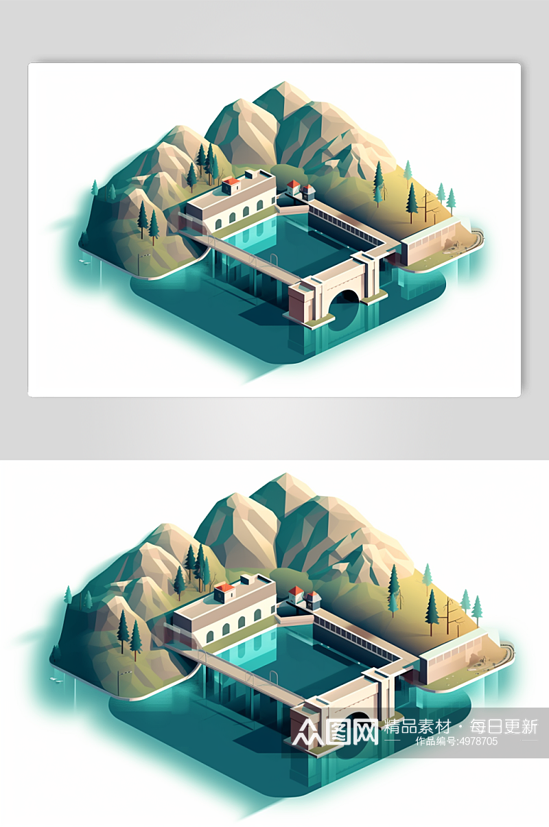 AI数字艺术水电站水力发电站工厂场景插画素材