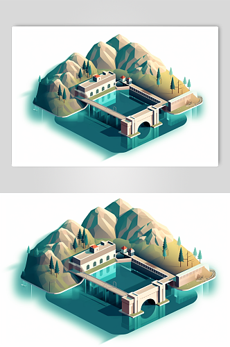 AI数字艺术水电站水力发电站工厂场景插画