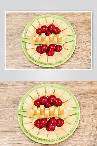 新鲜果盘哈密瓜火龙果水果鲜果摄影图片