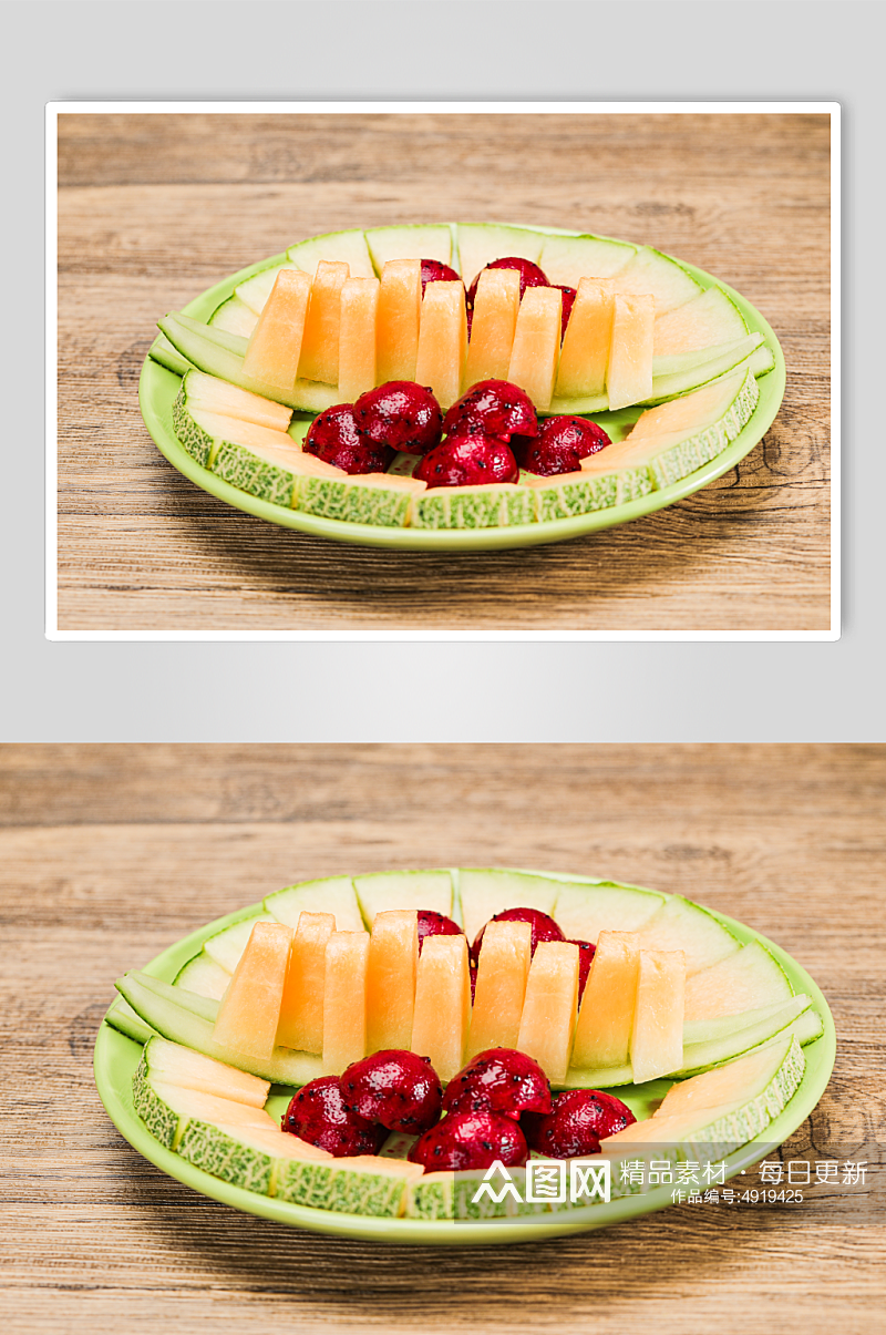 新鲜果盘哈密瓜火龙果水果鲜果摄影图片素材