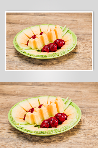 新鲜果盘哈密瓜火龙果水果鲜果摄影图片