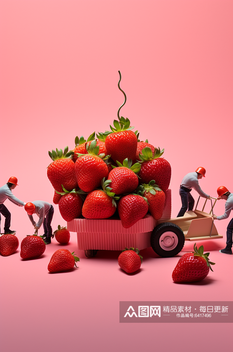 AI数字艺术微距小人水果草莓摄影图素材