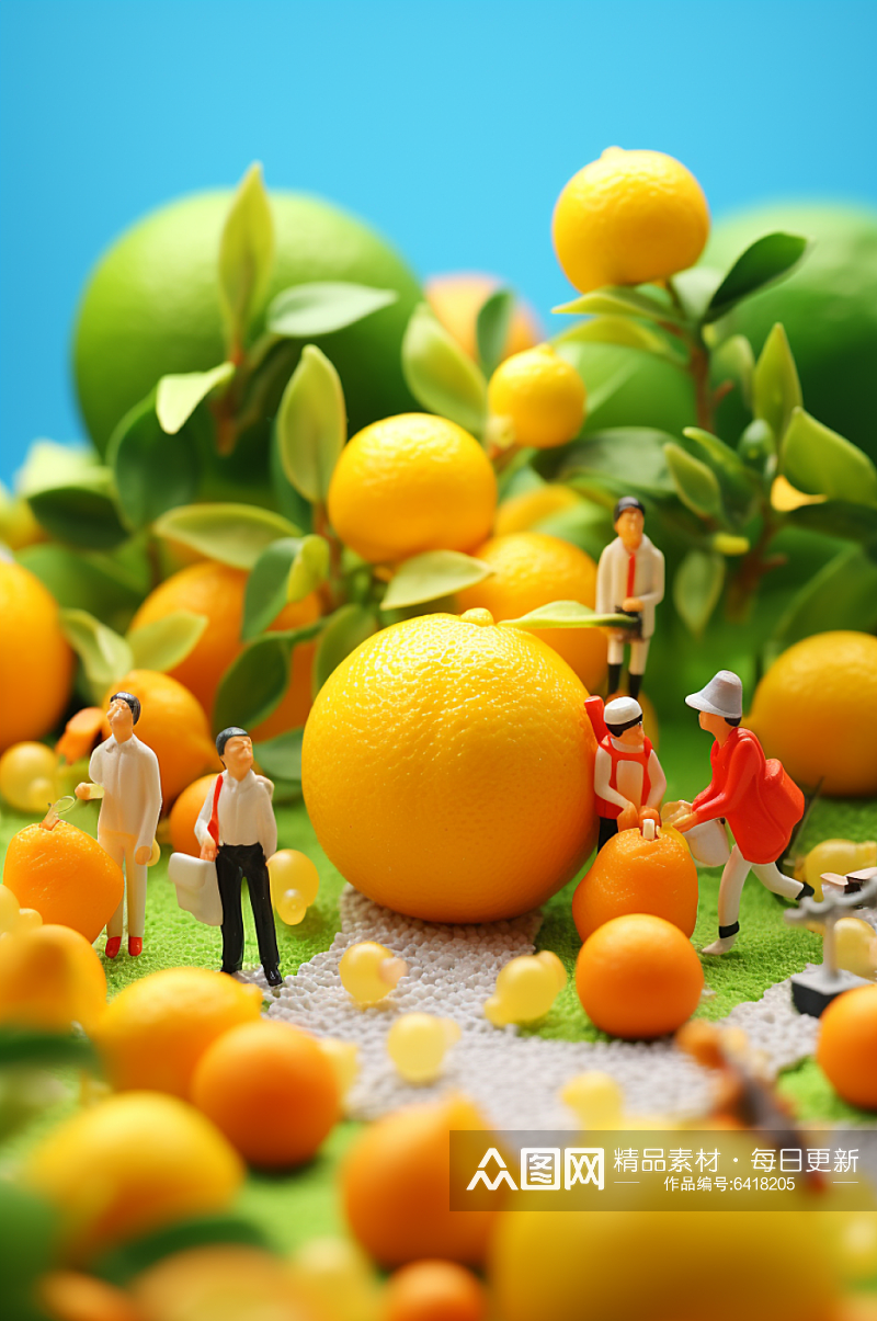 AI数字艺术微距小人水果柑橘摄影图素材