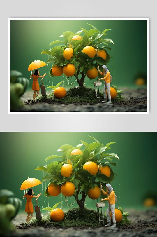 AI数字艺术微距小人水果柑橘摄影图