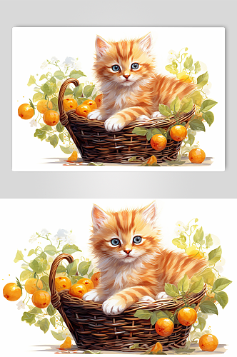 AI数字艺术秋季水果篮子里的小猫咪插画