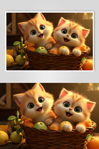 AI数字艺术秋季水果篮子里的小猫咪插画