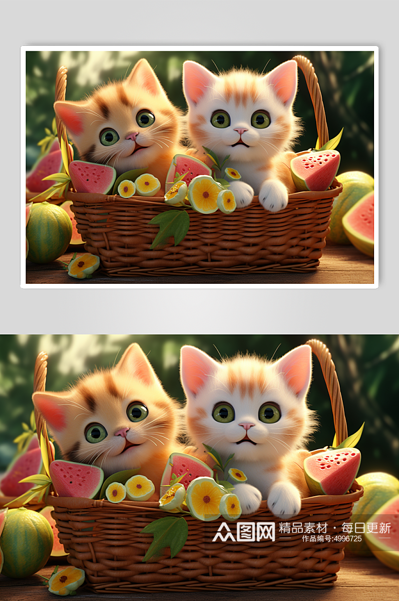 AI数字艺术秋季水果篮子里的小猫咪插画素材