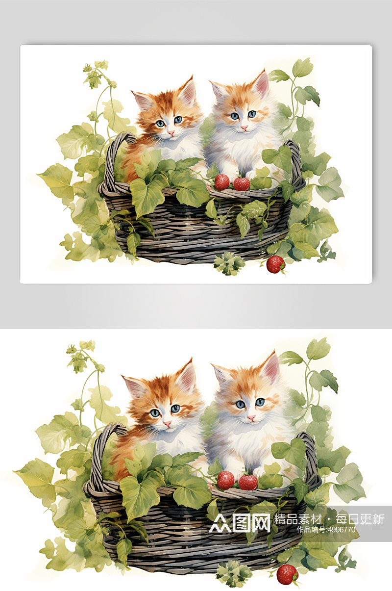 AI数字艺术秋季水果篮子里的小猫咪插画素材