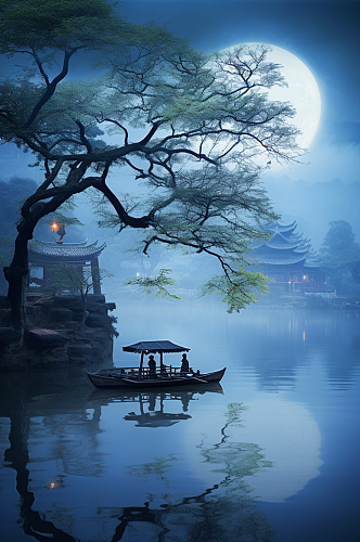 AI数字中秋节月亮水面思乡氛围摄影图