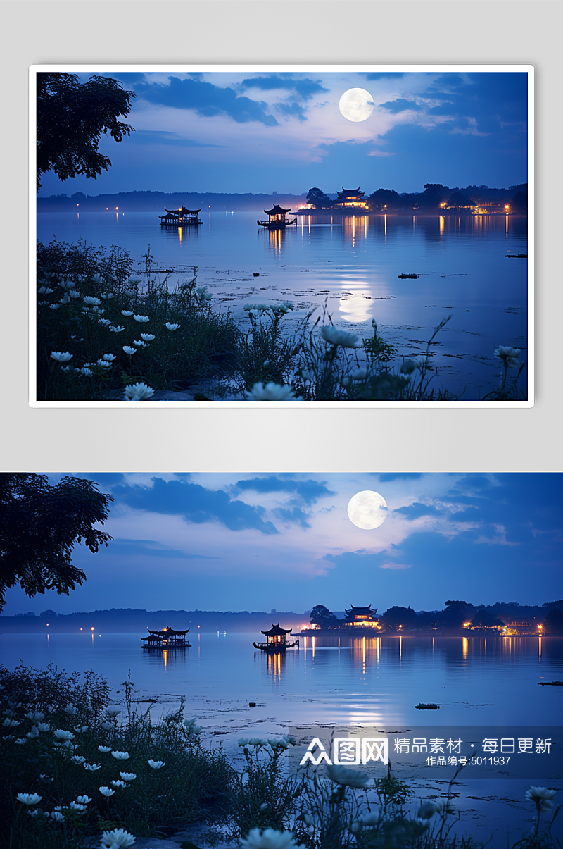 AI数字中秋节月亮水面思乡氛围摄影图素材