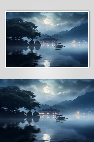 AI数字中秋节月亮水面思乡氛围摄影图