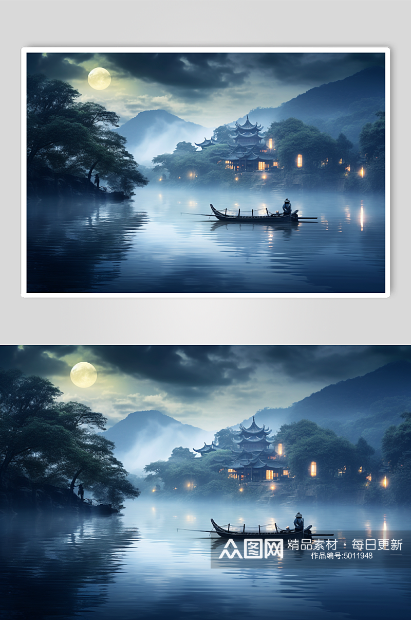 AI数字中秋节月亮水面思乡氛围摄影图素材