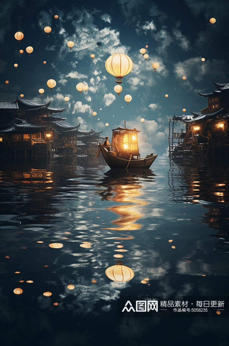 AI数字艺术中秋节月亮水面思乡氛围摄影图素材
