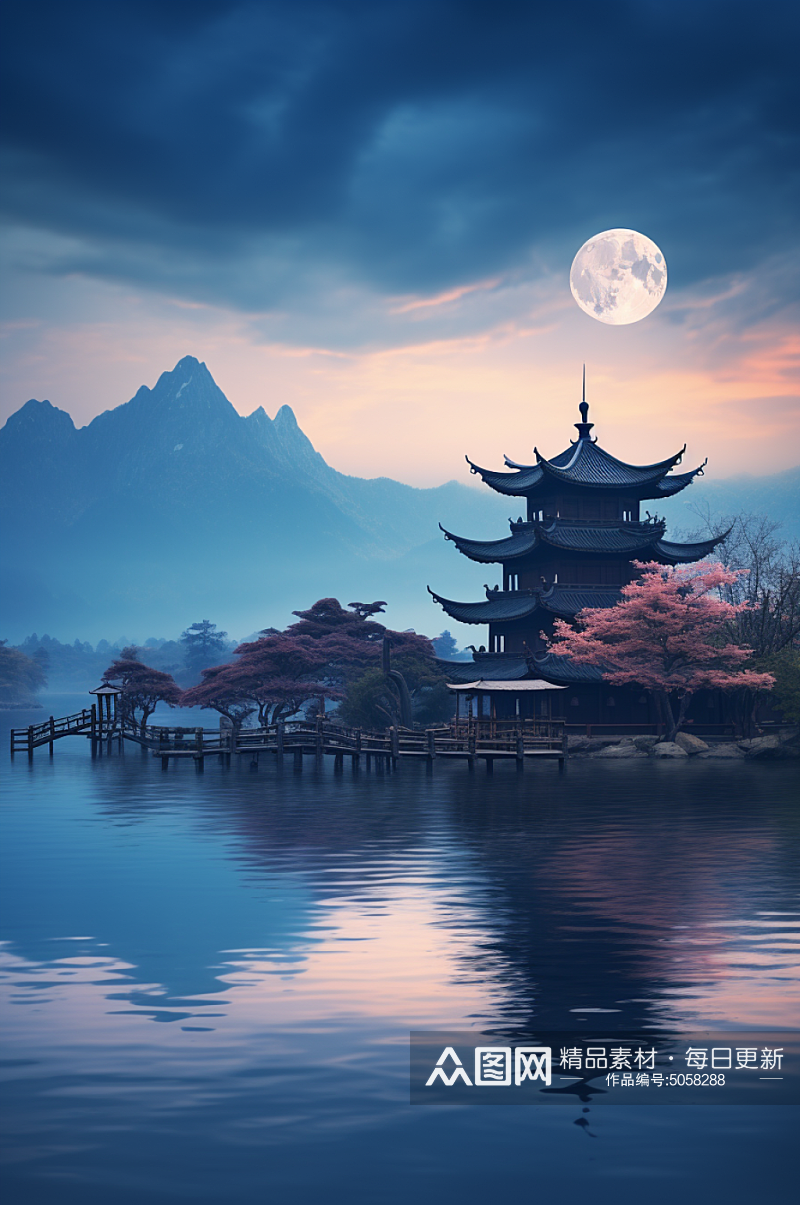 AI数字艺术中秋节月亮水面思乡氛围摄影图素材