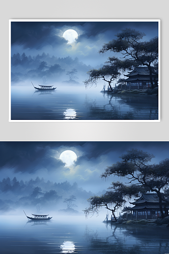 AI数字艺术中秋节月亮水面思乡氛围摄影图
