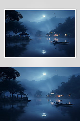 AI数字艺术中秋节月亮水面思乡氛围摄影图