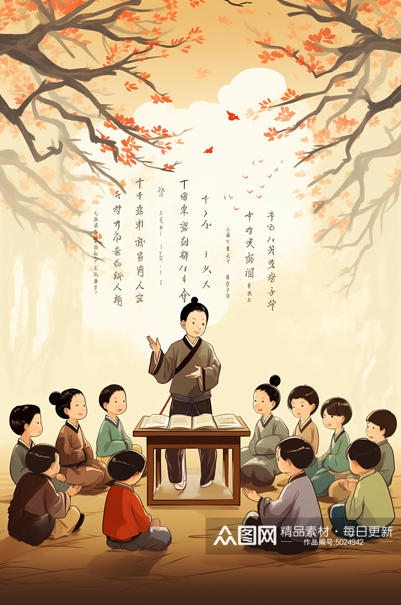AI数字艺术中国风水墨古风教师节插画素材