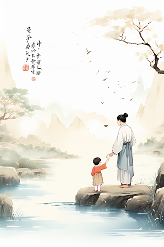 AI数字艺术中国风水墨古风教师节插画