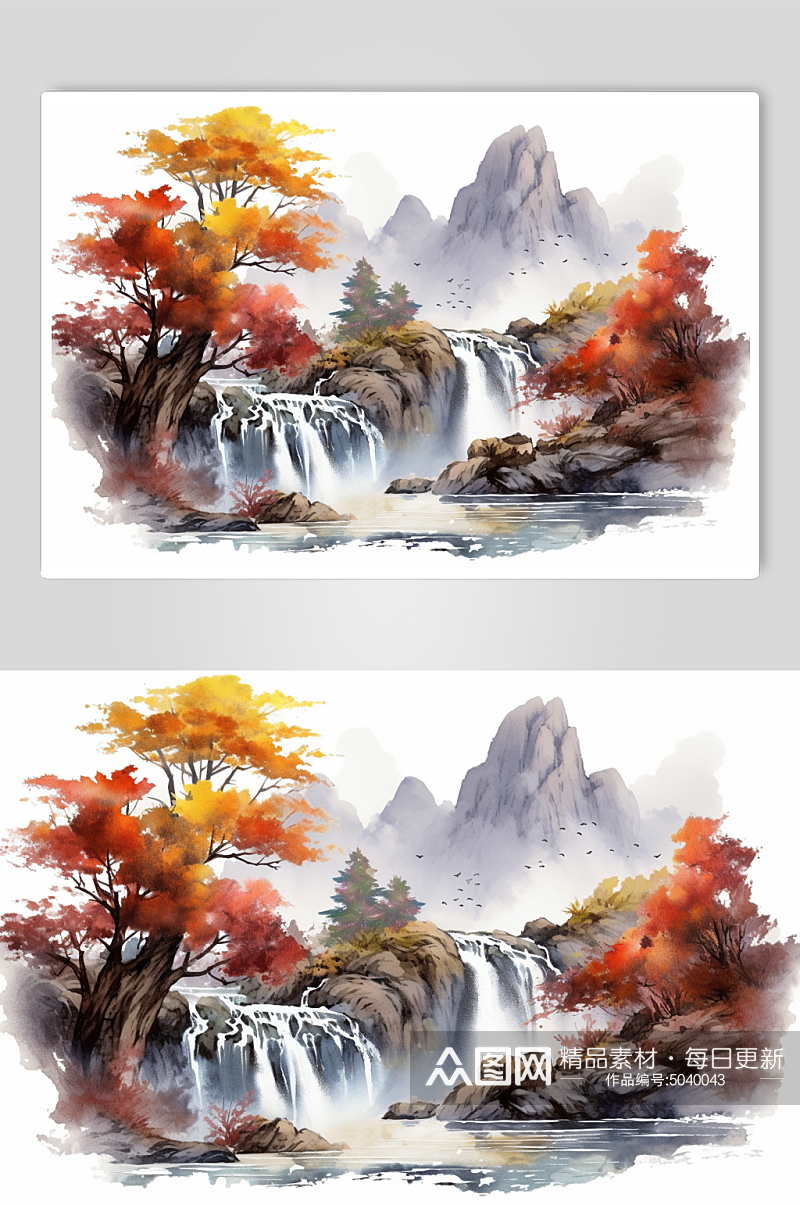 AI数字艺术水墨风秋天秋季自然风景插画素材