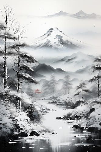 AI数字艺术国风水墨大雪小雪雪景插画