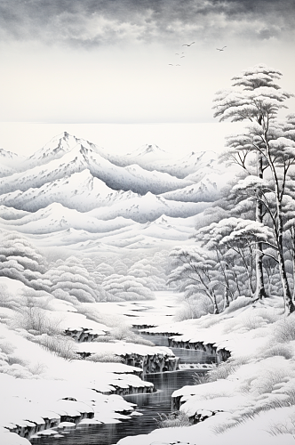AI数字艺术国风水墨大雪小雪雪景插画