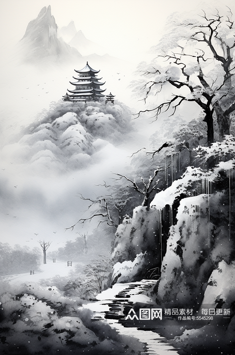 AI数字艺术国风水墨大雪小雪雪景插画素材