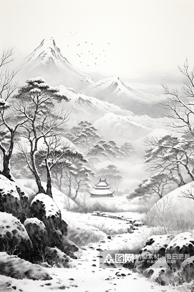 AI数字艺术国风水墨大雪小雪雪景插画素材