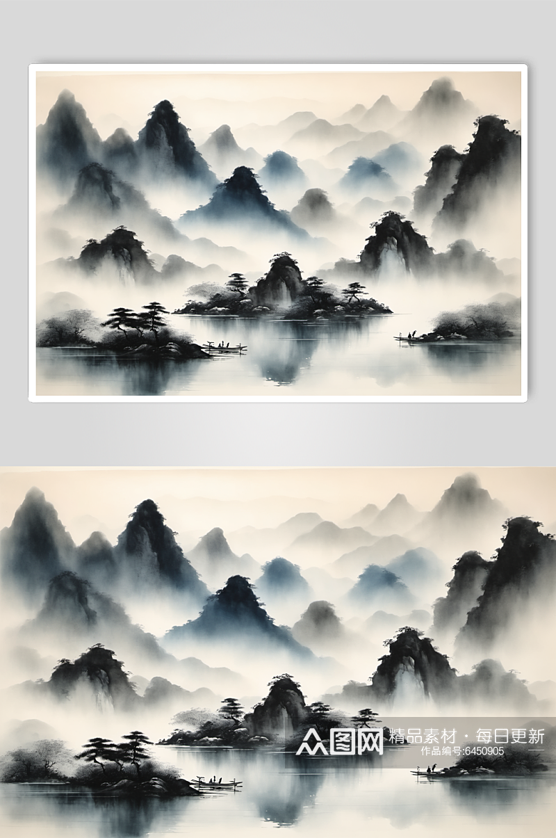 AI数字艺术中国风水墨山水画装饰画素材