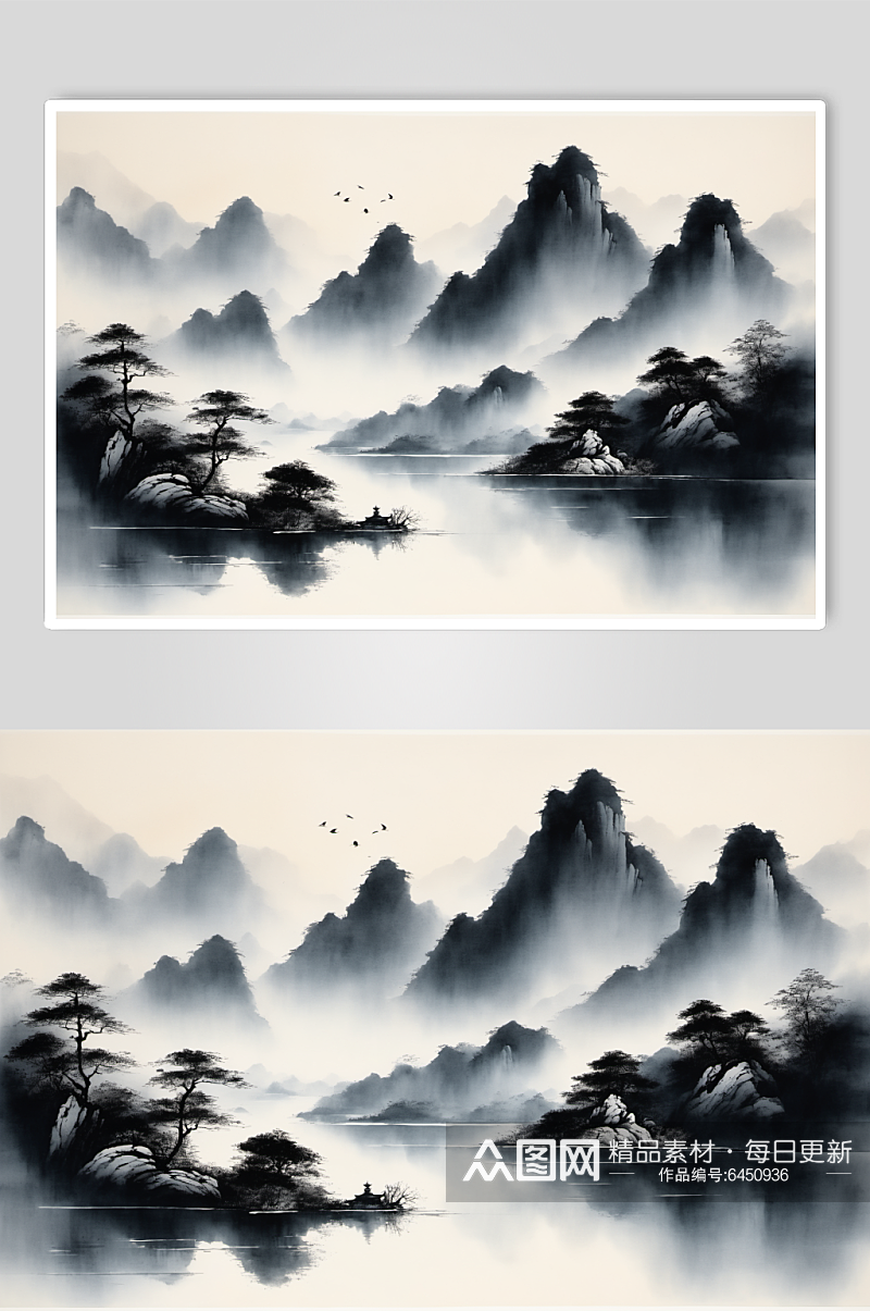 AI数字艺术中国风水墨山水画装饰画素材
