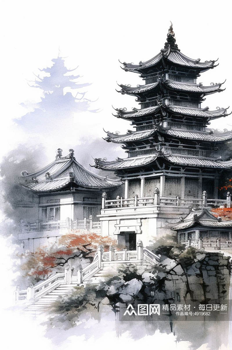 AI数字艺术创意中国风水墨山水风景插画素材