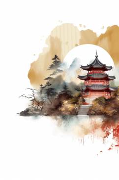 AI数字艺术创意中国风古董水墨山水风景插画