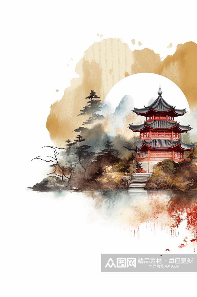 AI数字艺术创意中国风古董水墨山水风景插画素材