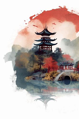 AI数字艺术创意中国风古董水墨山水风景插画