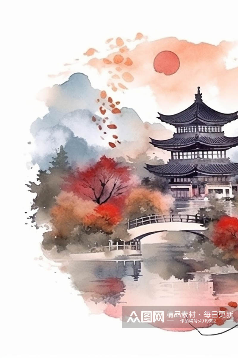 AI数字艺术创意中国风水墨山水风景插画素材