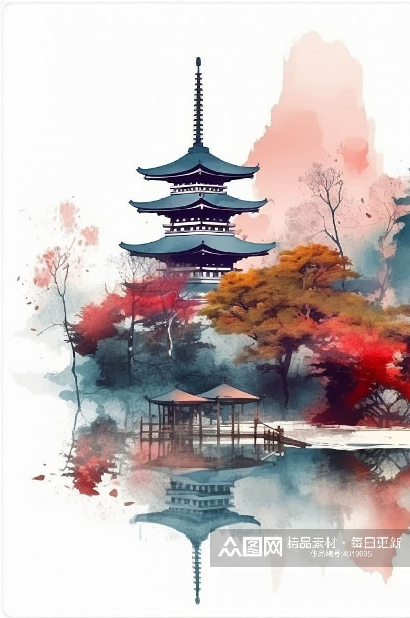 AI数字艺术创意中国风水墨山水风景插画素材