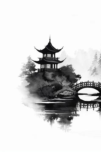 AI数字艺术手绘中国风水墨山水风景插画
