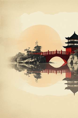 AI数字艺术手绘中国风古董水墨山水风景插画