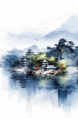 AI数字艺术手绘中国风水墨山水风景插画
